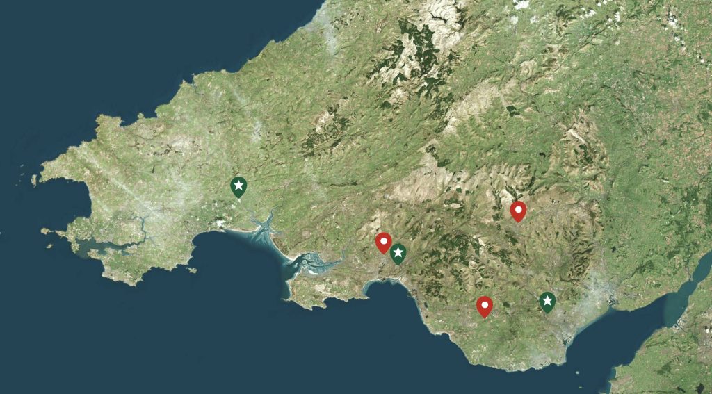 Satellite image of South Wales with offices and depots marked