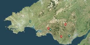 Satellite image of South Wales with offices and depots marked